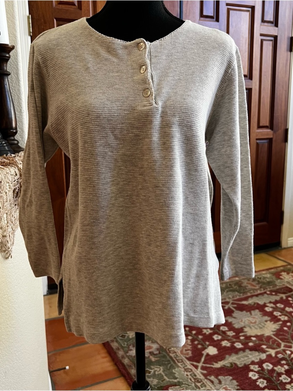 Nira Nira Natural Gray Thermal 3 Button Down Shirt Long Sleeve Size Med